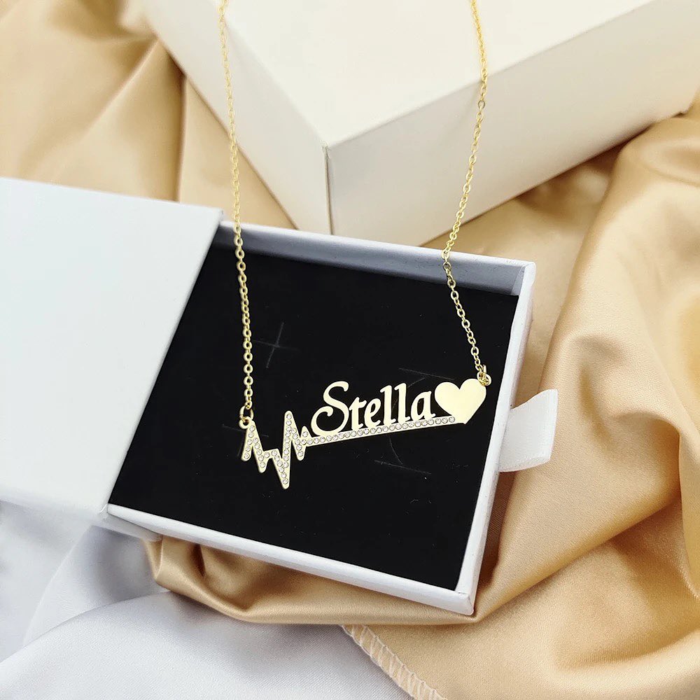 Personalized Heartbeat Line Heart Name Necklace Gold Plated-silviax