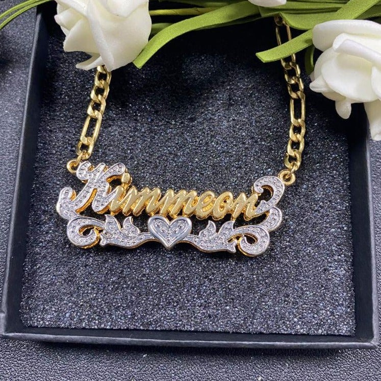Double Plate Two Tone Heart and Two Birds Personalized Custom Gold Plated Name Necklace-silviax