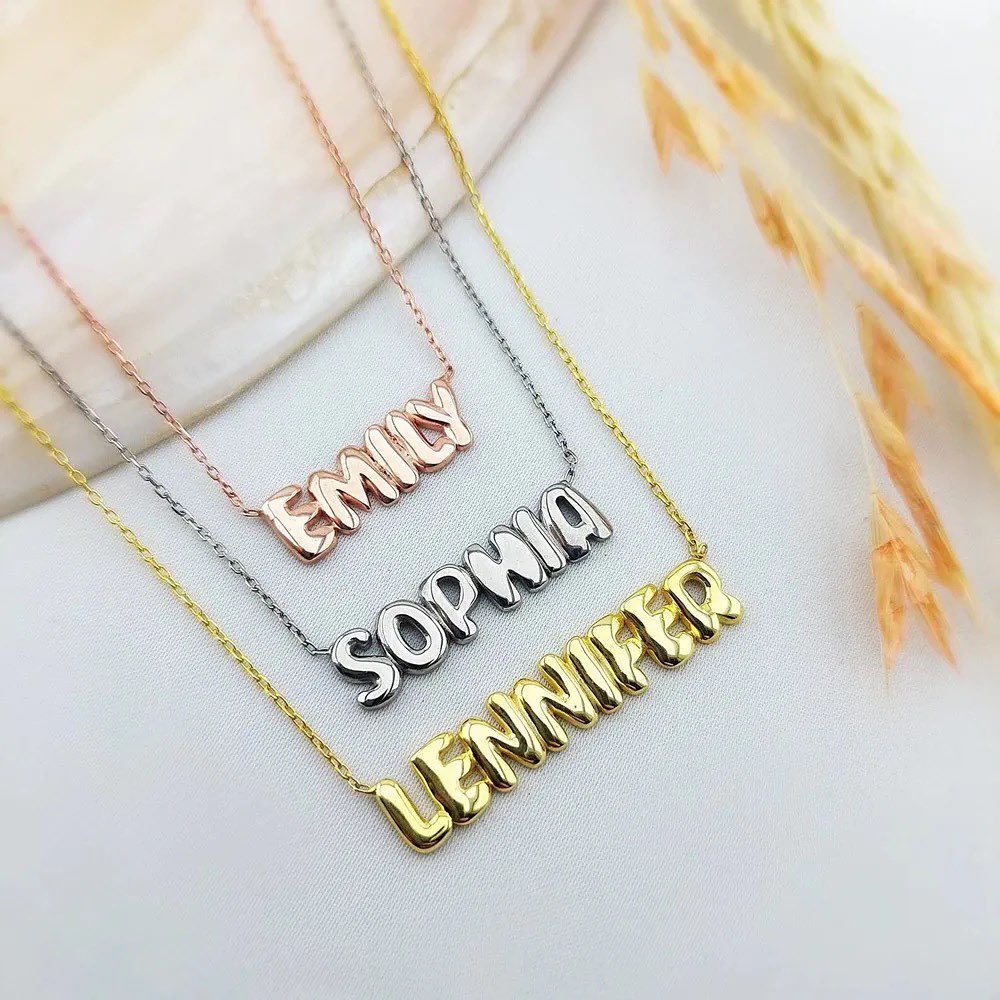 Personalized Gold Plated 3D Balloon Puff Nameplate Pendant Necklace-silviax
