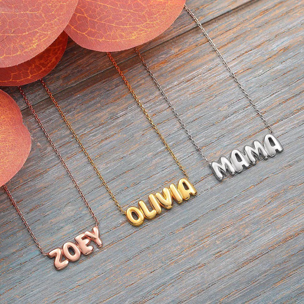 Personalized Gold Plated 3D Balloon Puff Nameplate Pendant Necklace-silviax