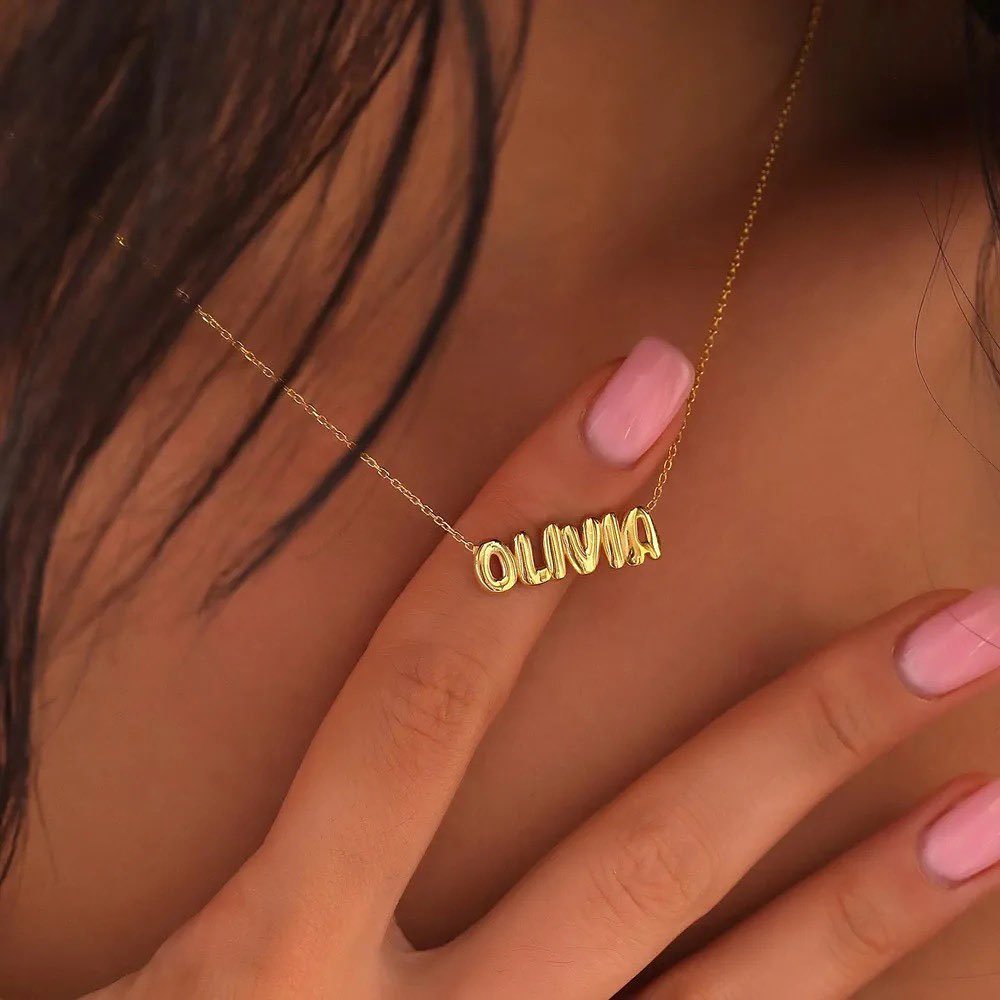 Personalized Gold Plated 3D Balloon Puff Nameplate Pendant Necklace-silviax