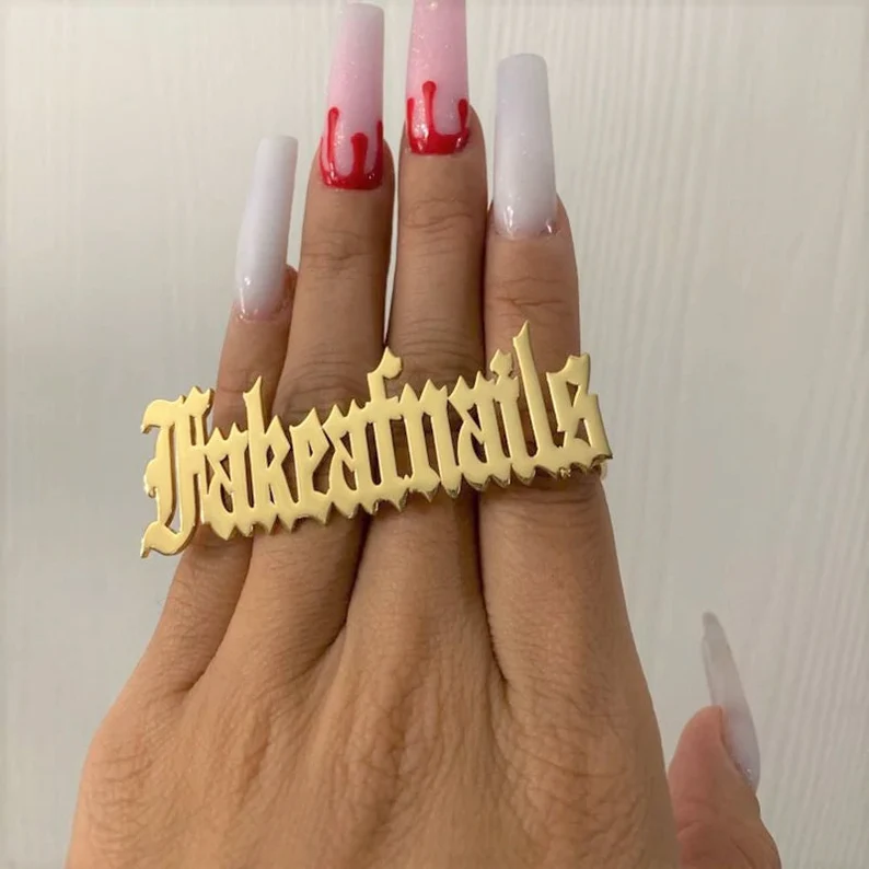 Custom Knuckles Name Ring Gold Plated Large Old English Nameplate Ring-silviax