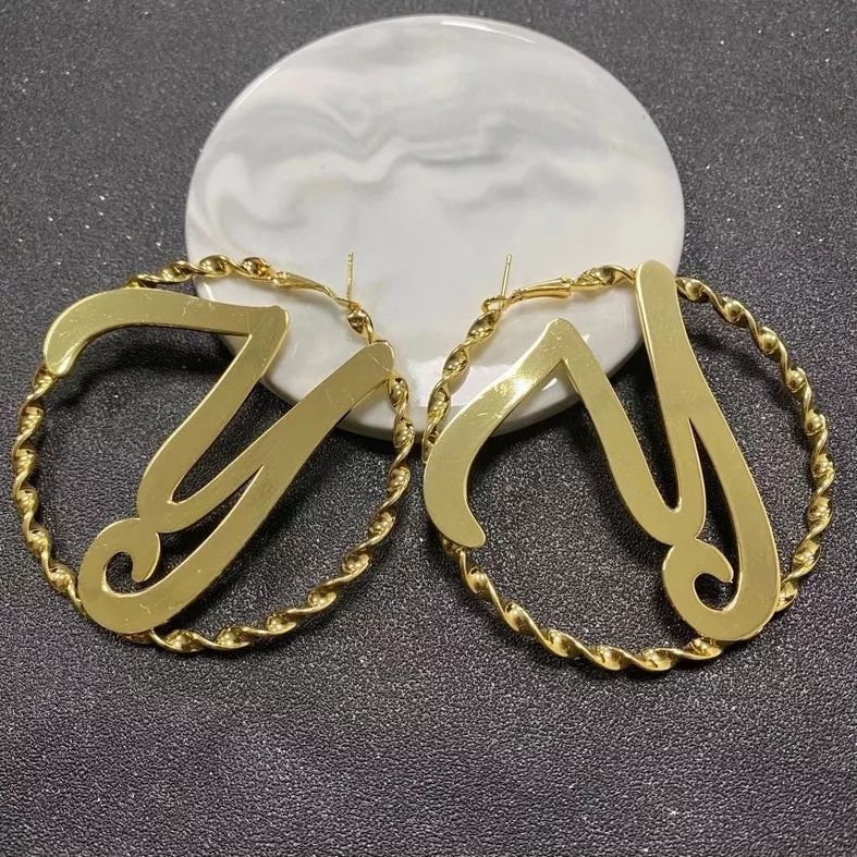 Personalized Gold Plated Big Letter Initial Name Hoop Earrings Women Gift-silviax