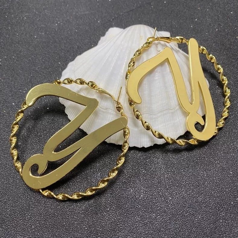 Personalized Gold Plated Big Letter Initial Name Hoop Earrings Women Gift-silviax