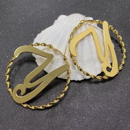 Personalized Gold Plated Big Letter Initial Name Hoop Earrings Women Gift-silviax