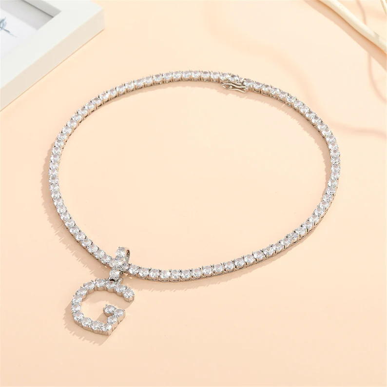 Iced Out Custom Personalized CZ Diamond A to Z Letter Pendant Initial Necklace Tennis Chain-silviax
