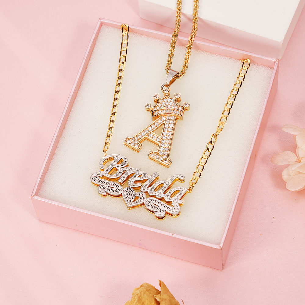Crown Initial Necklace And Double Layer Two Tone With Heart Personalized Jewelry Set-silviax