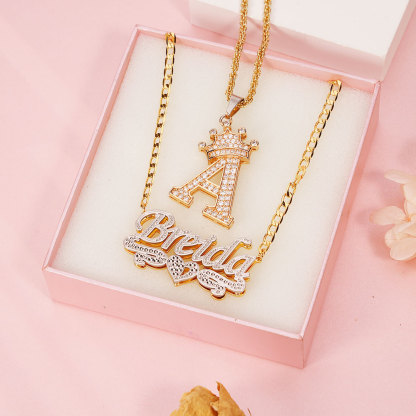 Crown Initial Necklace And Double Layer Two Tone With Heart Personalized Jewelry Set-silviax