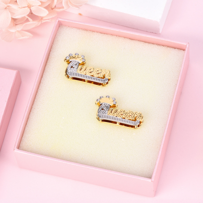 Double Plate Two Tone with Crown Nameplate Personalized Custom Name Stud Earrings-silviax