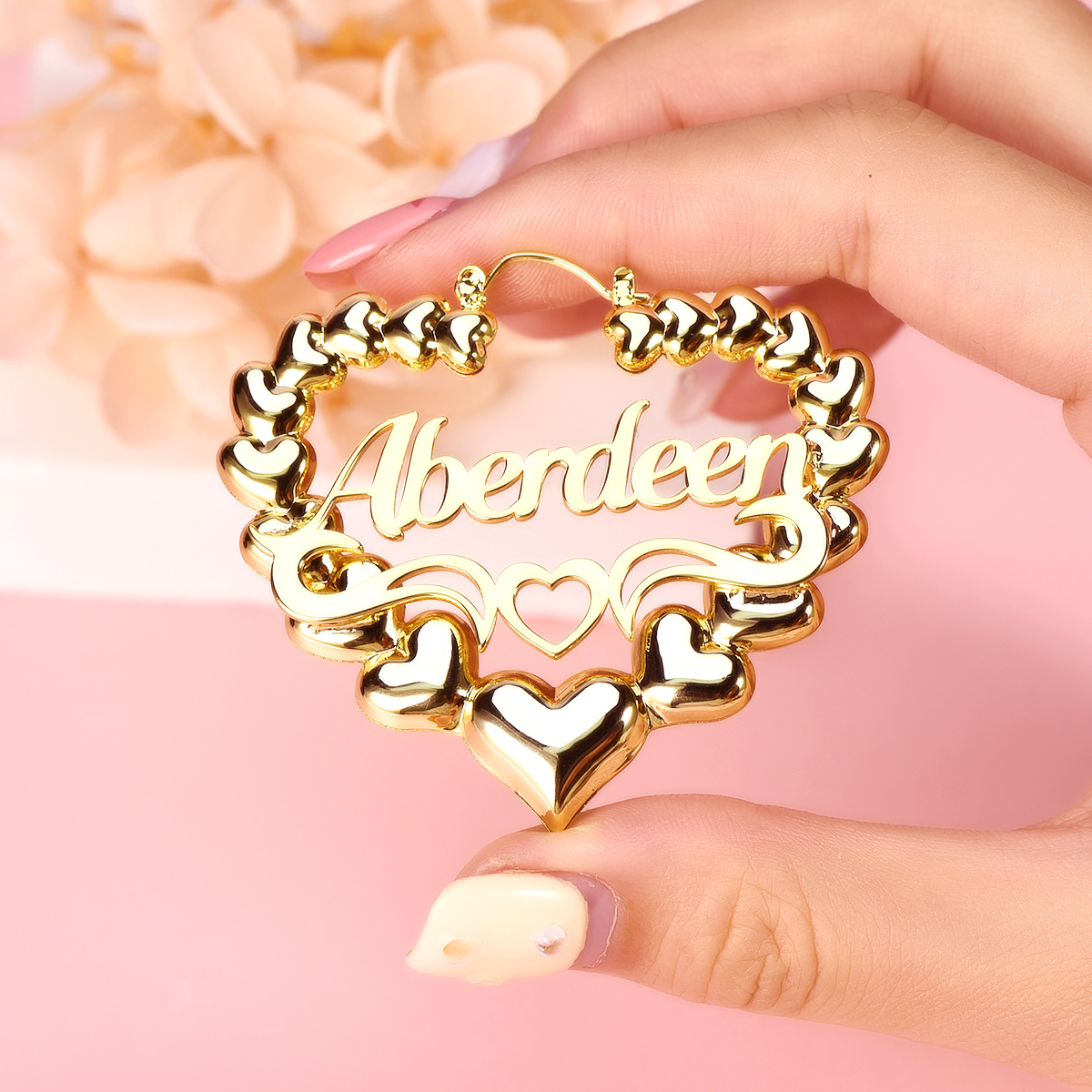 Personalized Custom Heart Shaped Underline Hollow Heart Bamboo Name Earrings-silviax
