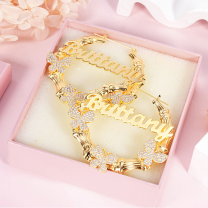 Butterfly Personalized Custom Gold Plated Name Bamboo Earrings-silviax
