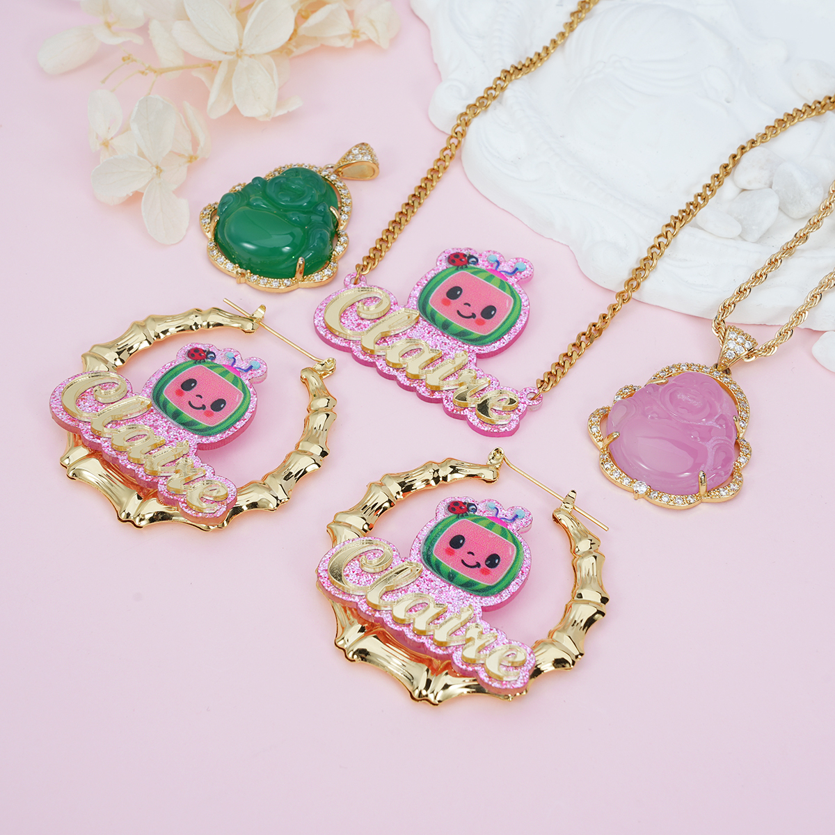 Acrylic Cute Watermelon Nameplate Personalized Jewelry Set 3pcs Buddha Necklace Name Necklace And Bambom Earring