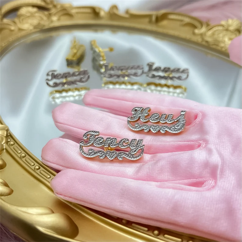 Double Layer Two Tone Heart Underline Nameplate Personalized Custom Gold Plated Name Stud Earrings-silviax