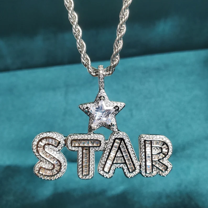 Hip Hop Style Icy Star Bail Pendant Nameplate 3 To 8 Letters Custom Personalized Initial Necklace