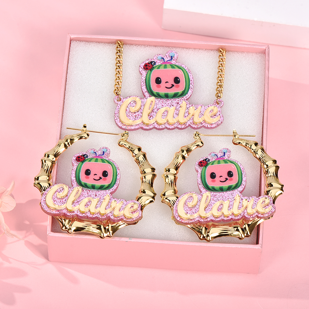 Pink Acrylic Cute Watermelon Nameplate Jewelry Set Personalized Name Necklace and Bamboo Earrings-silviax