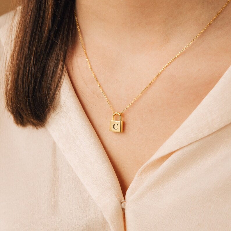 Padlock Pendant Personalized Custom Gold Plated Initial Necklace-silviax