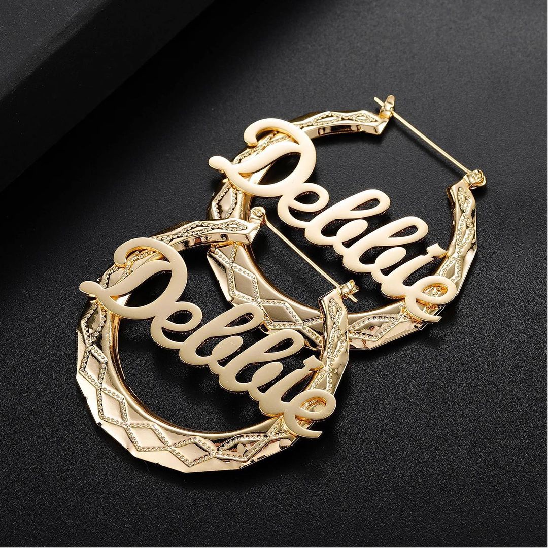 Diamond Shaped Pattern Personalized Custom Gold Plated Name Hoop Earrings-silviax