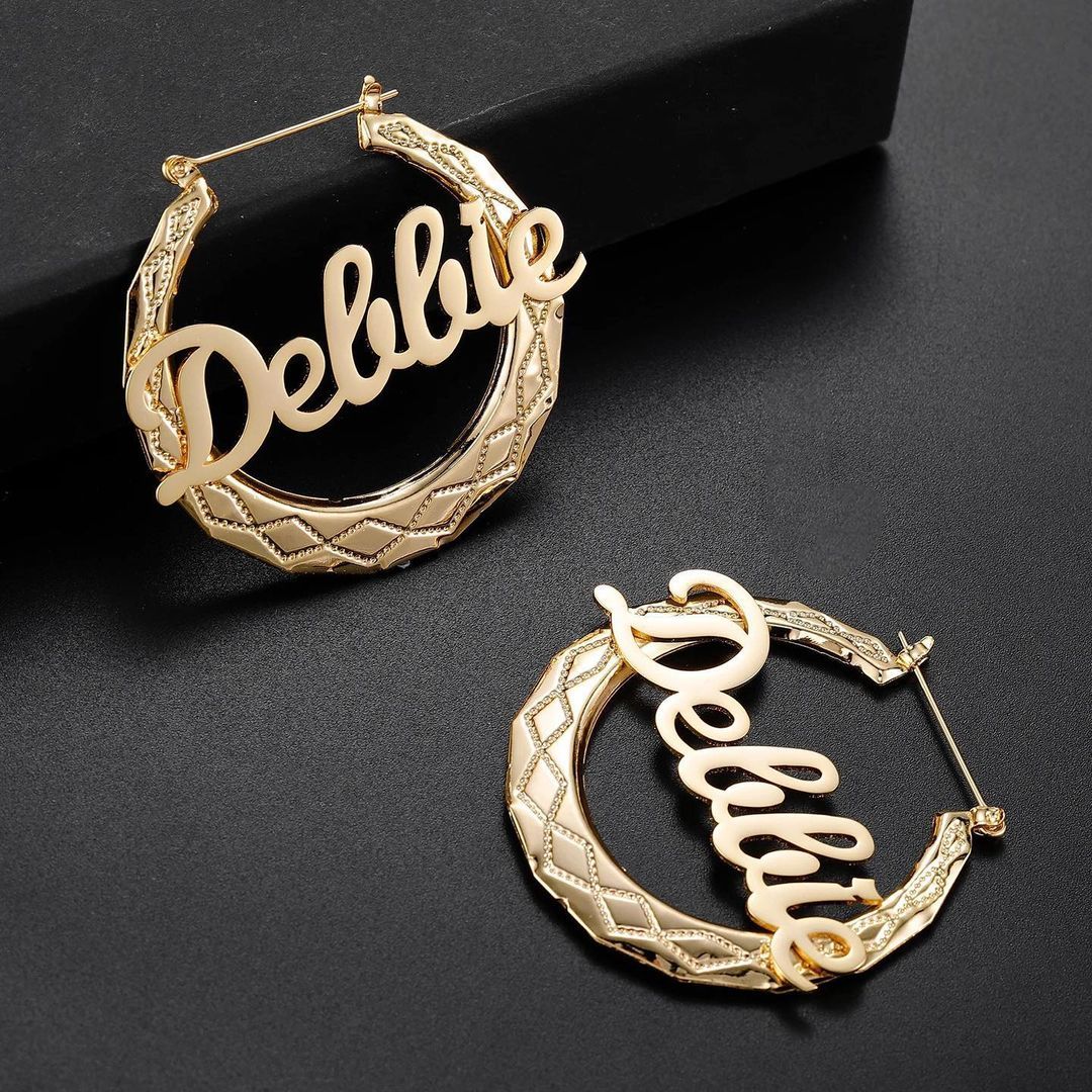 Diamond Shaped Pattern Personalized Custom Gold Plated Name Hoop Earrings-silviax