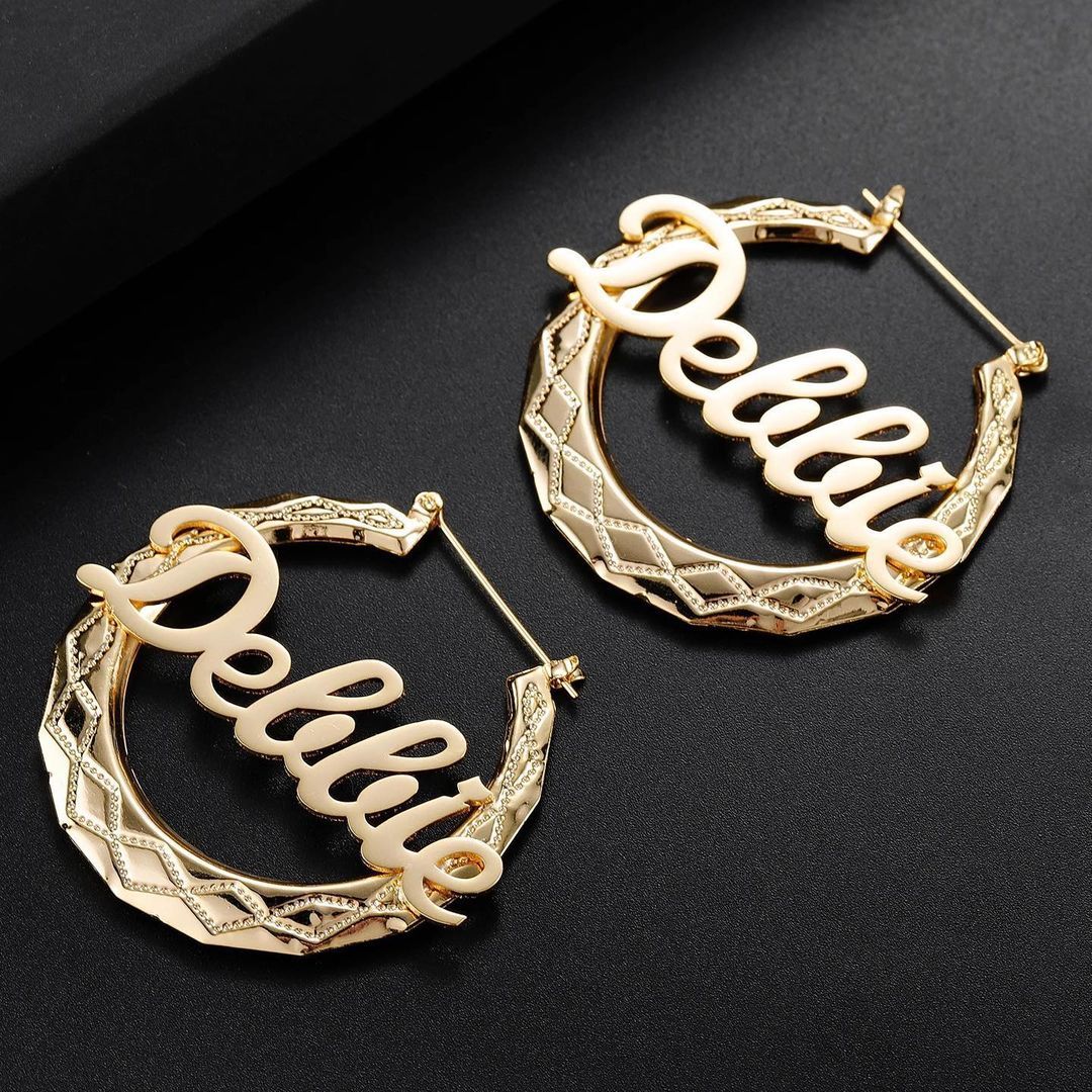 Diamond Shaped Pattern Personalized Custom Gold Plated Name Hoop Earrings-silviax