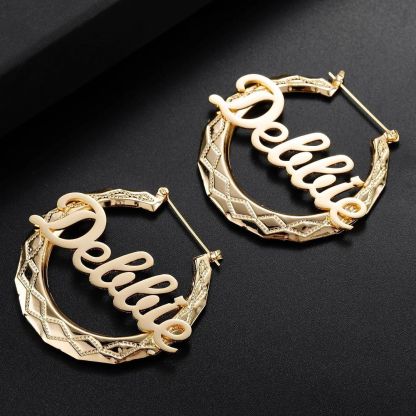 Diamond Shaped Pattern Personalized Custom Gold Plated Name Hoop Earrings-silviax