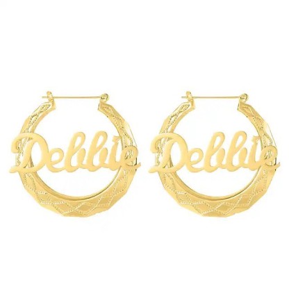 Diamond Shaped Pattern Personalized Custom Gold Plated Name Hoop Earrings-silviax
