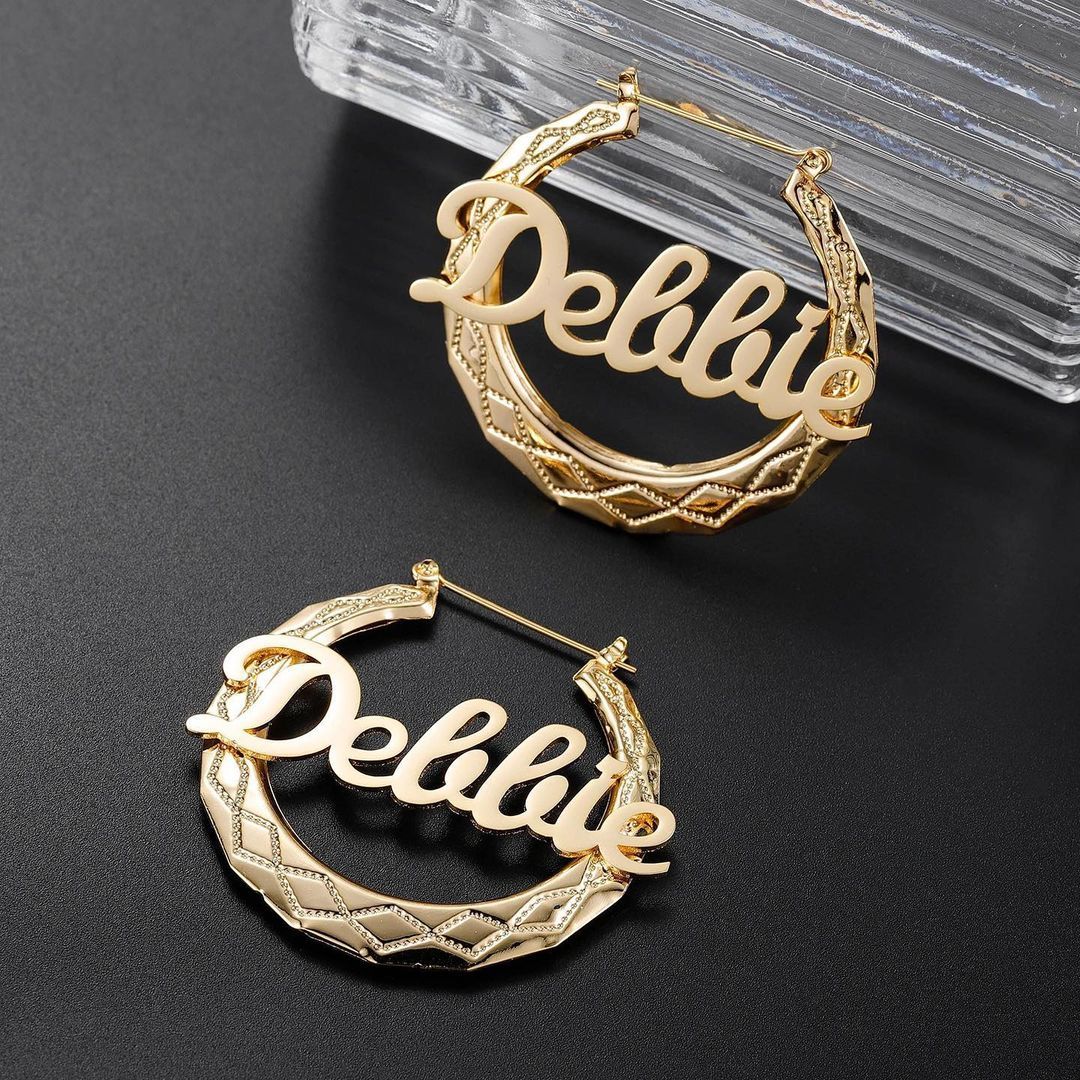 Diamond Shaped Pattern Personalized Custom Gold Plated Name Hoop Earrings-silviax