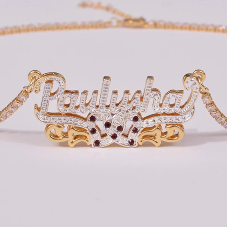 Double Layer Two Heart with  Birthstone Personalized Custom Gold Plated 3D Name Necklace Tennis Chain