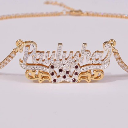 Double Layer Two Heart with  Birthstone Personalized Custom Name Necklace Tennis Chain-silviax