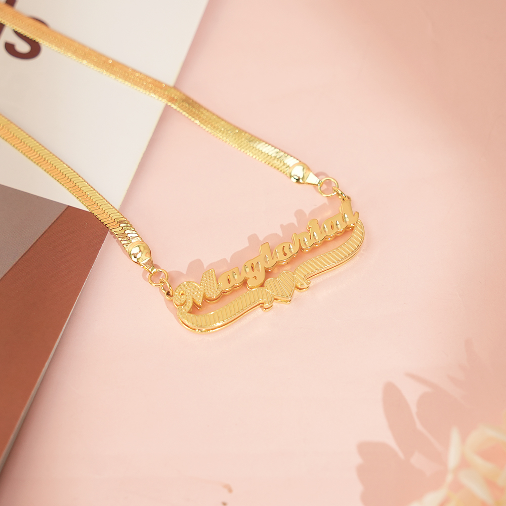 Snake Chain Double Layer Heart Nameplate Pendant Personalized Custom Gold Plated Name Necklace -silviax