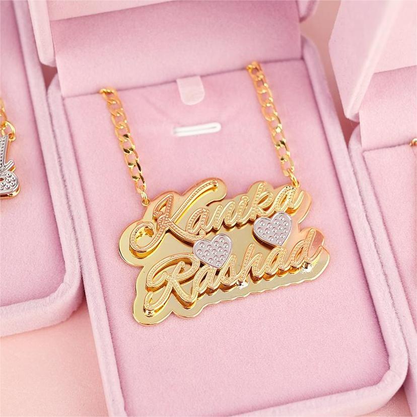 Double Plate Two Tone with Two Hearts Personalized Custom Gold Plated Two Names Necklace-silviax
