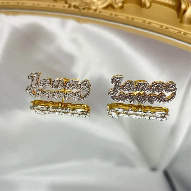 Double Layer Two Tone Heart Underline Nameplate Personalized Custom Gold Plated Name Stud Earrings-silviax