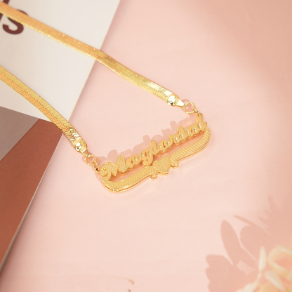 Snake Chain Double Layer Heart Nameplate Pendant Personalized Custom Gold Plated Name Necklace -silviax