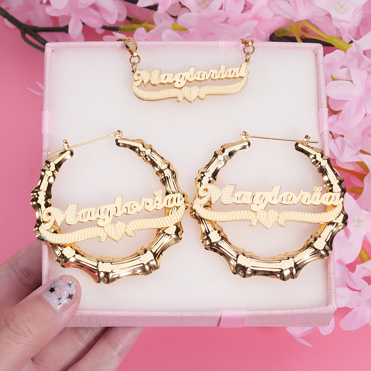 Double Layer Heart Nameplate with Herringbone Snake Chain Name Necklace And Bamboo Earrings Set