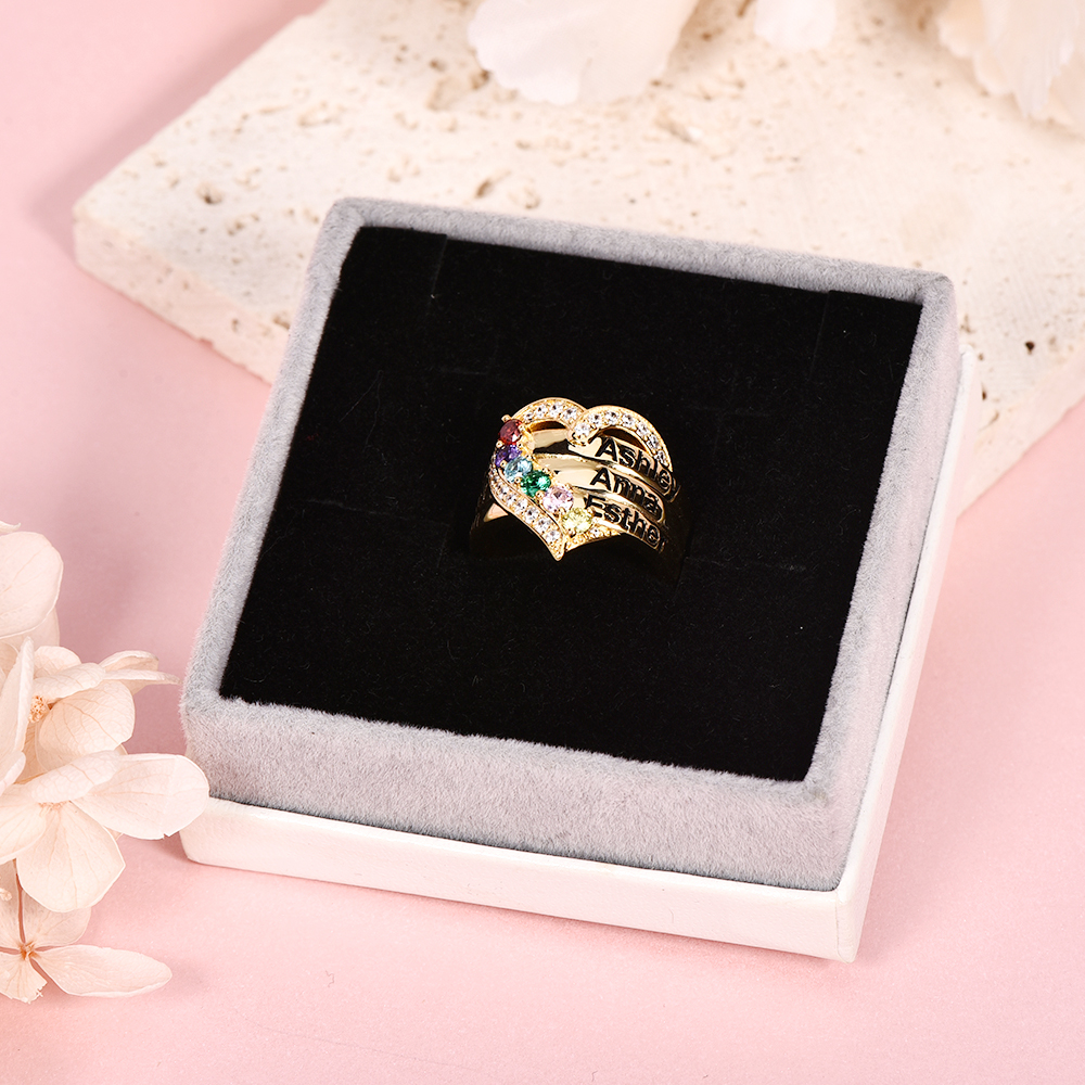 Love For Mom Personalized Custom Gold Plated Heart Name Ring with Birstone -silviax