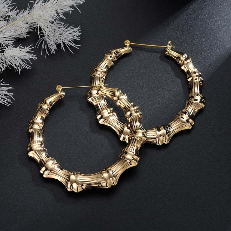 Women's Gold Plated Bamboo Hoop Earrings-silviax