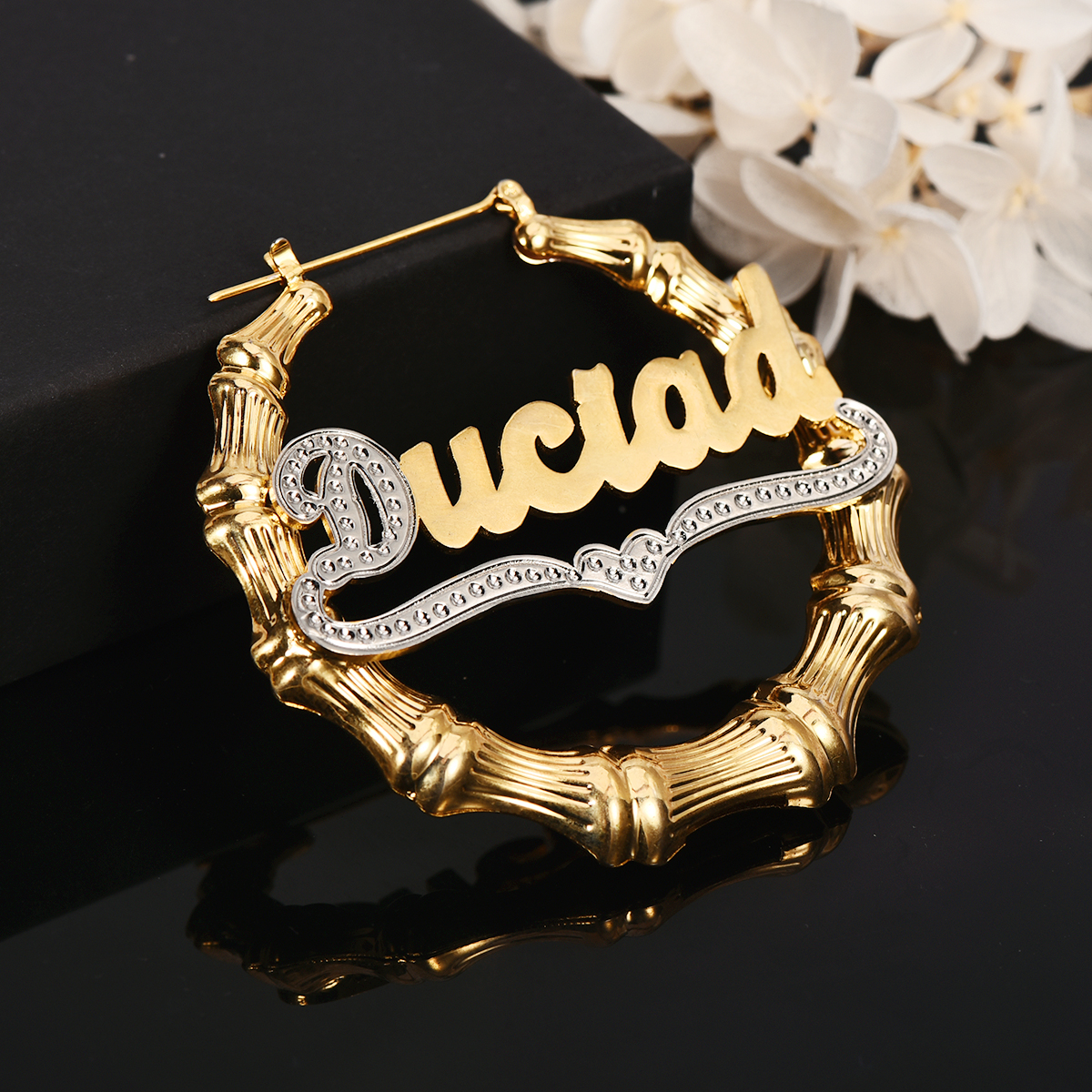 Personalized Bamboo Double Plated Two Tone Name Hoop Earrings-silviax