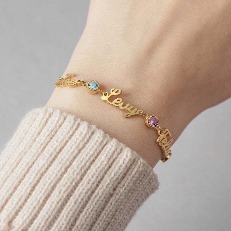 2 To 4 Names with Birthstone Personalized Custom Gold Plated Name Bracelet-silviax