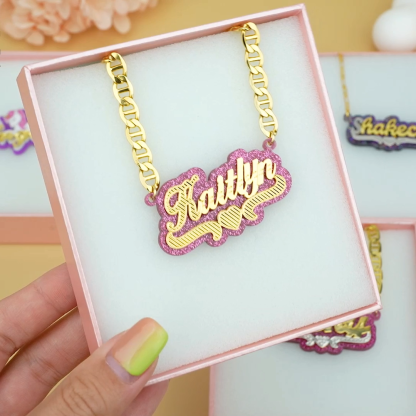 Pink Acrylic Double Layer Heart Personalized Custom Gold Plated Name Necklace-silviax