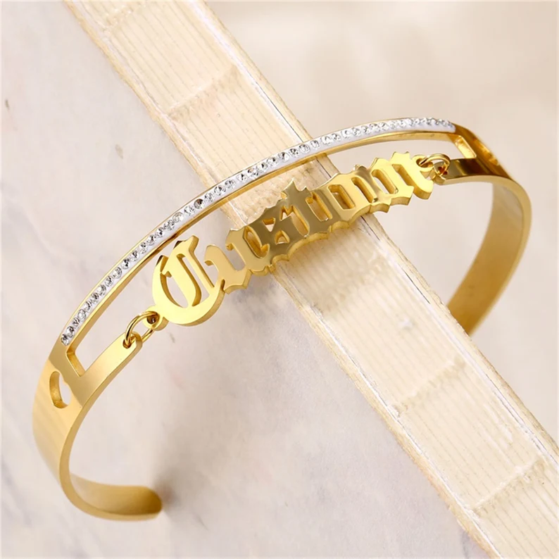 Personalized Bling Crystal Name Cuff Bangle Old English Name Bracelet-silviax