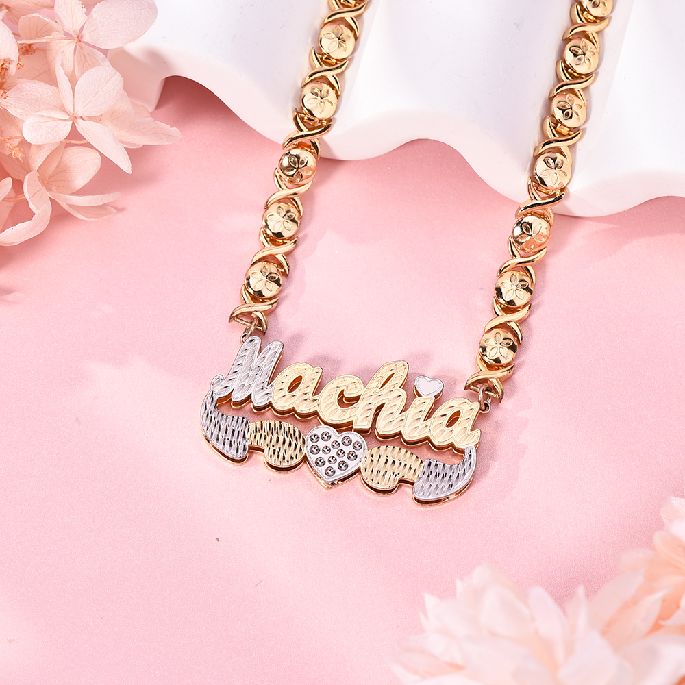 Double Layer Two Tone XOXO Chain with Heart Personalized Custom Gold Plated Name Necklace-silviax