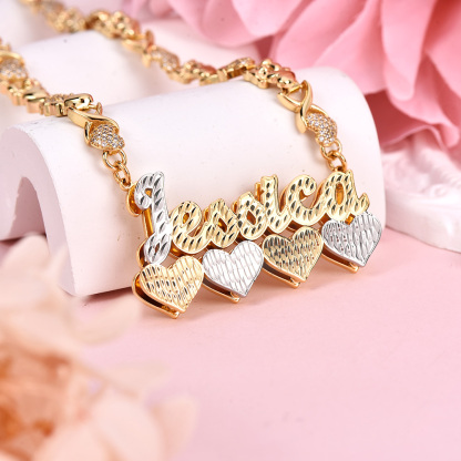Teddy Bear and Heart XOXO Chain Double Layer Two Tone Four Hearts Personalized Custom Name Necklace-silviax