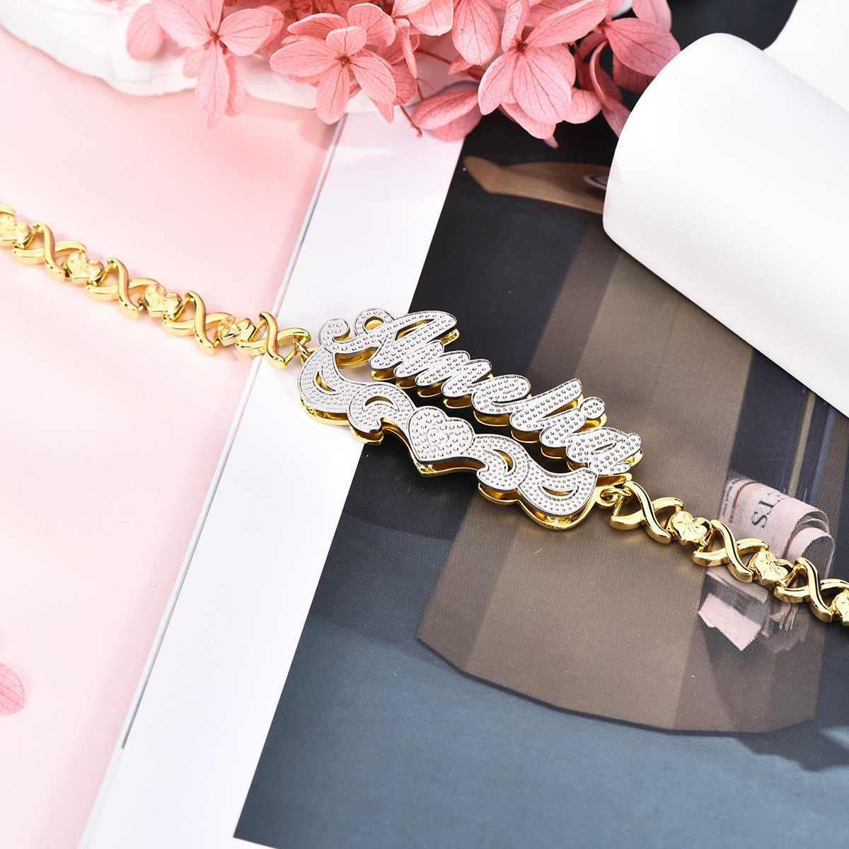 Double Layer Two-tone with Love Heart Custom Name Necklace and Bracelet Set-silviax