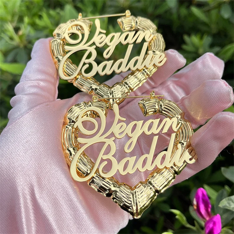 Heart Shaped Personalized Custom Gold Plated Two Names Bamboo Earrings-silviax