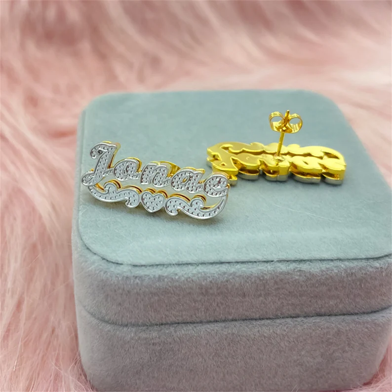 Double Layer Two Tone Heart Underline Nameplate Personalized Custom Gold Plated Name Stud Earrings-silviax