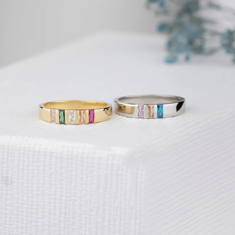 Custom Personalized Gold Plated Minimalist 1-5 Baguette Birthstones Ring Family Ring Gift For Mom-silviax
