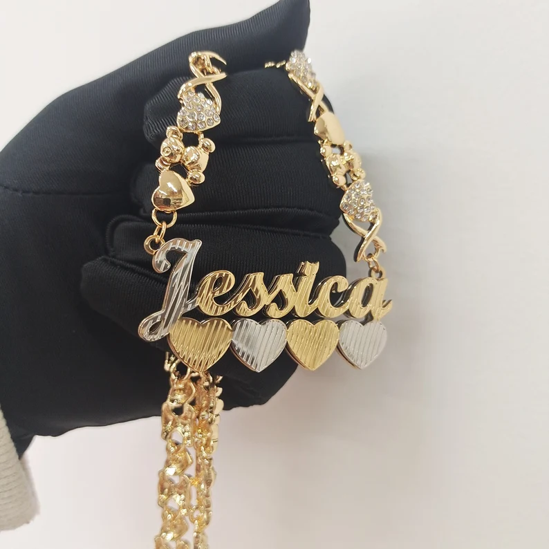 Teddy Bear and Heart XOXO Chain Double Layer Two Tone Four Hearts Personalized Custom Name Necklace-silviax
