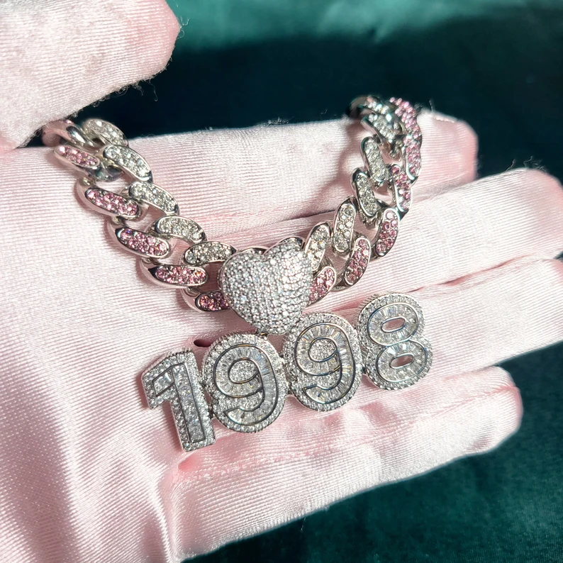 Iced Out Cuban Chain Baguette Numbers with Heart Birth Year Number Necklace-silviax