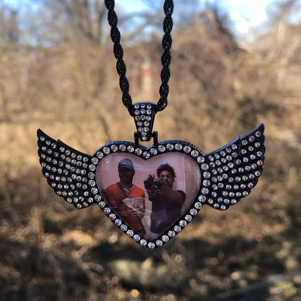 Bling Bling Black Angel Wings Heart Pendant Photo Necklace with Zircon-silviax
