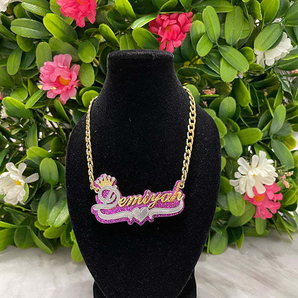 Purple Acrylic Personalized Gold Plated Two Tone Crown Name Necklace-silviax