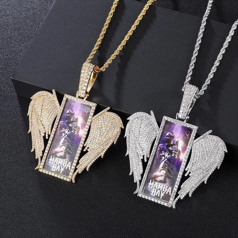 Angel Wings Rectangular Photo Frame Pendant Custom Necklace with Zircon Hip Hop Style